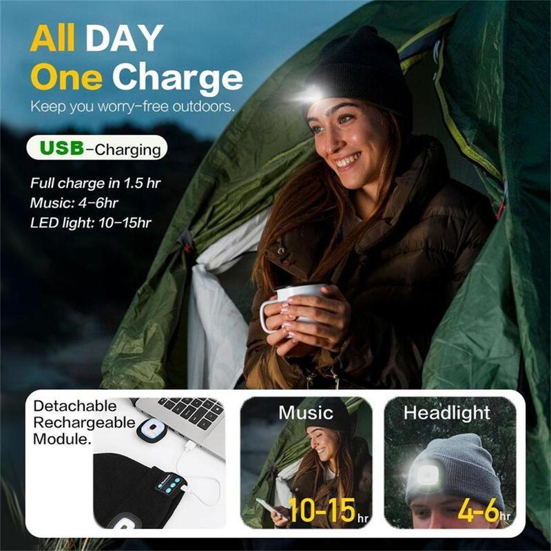 Bluetooth Beanie Hat with Light, Unisex USB Rechargeable Wireless Beanie Cap LED Headlamp Hat Music Hat with Headphones, Christmas Birthday Gifts for Men & Women, Black