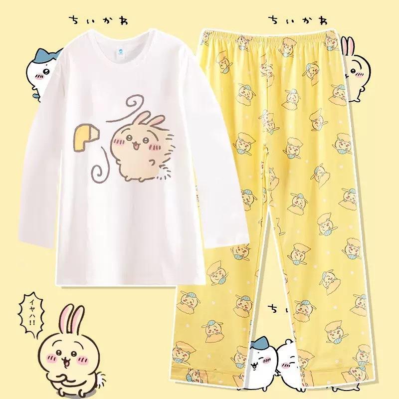 Anime Usag Hachiware Summer thin pajamas round neck Loose long-sleeved shirt and pants Cute cartoon pattern household clothes