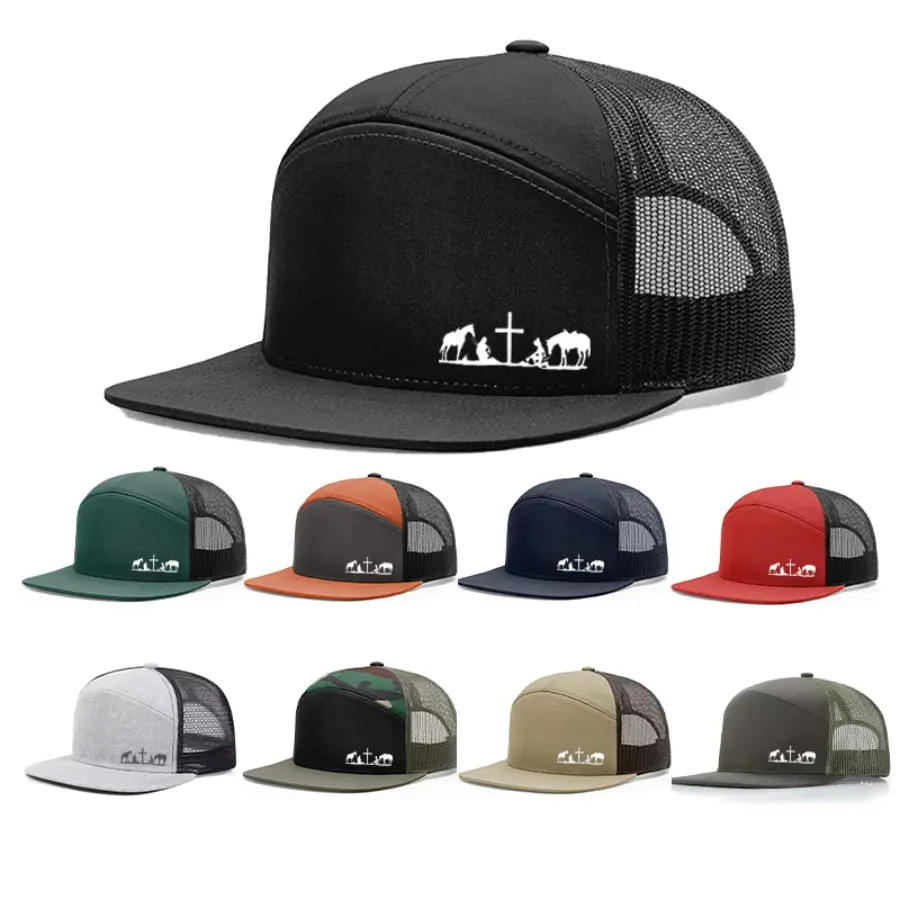 Cowboy Cross Horse Silhouette Printed Flat Bill Trucker Hat, Unisex Breathable Mesh Snapback Baseball Cap, Western Faith Outdoor Sun Hat for Ranch Rodeo Camping Daily Wear