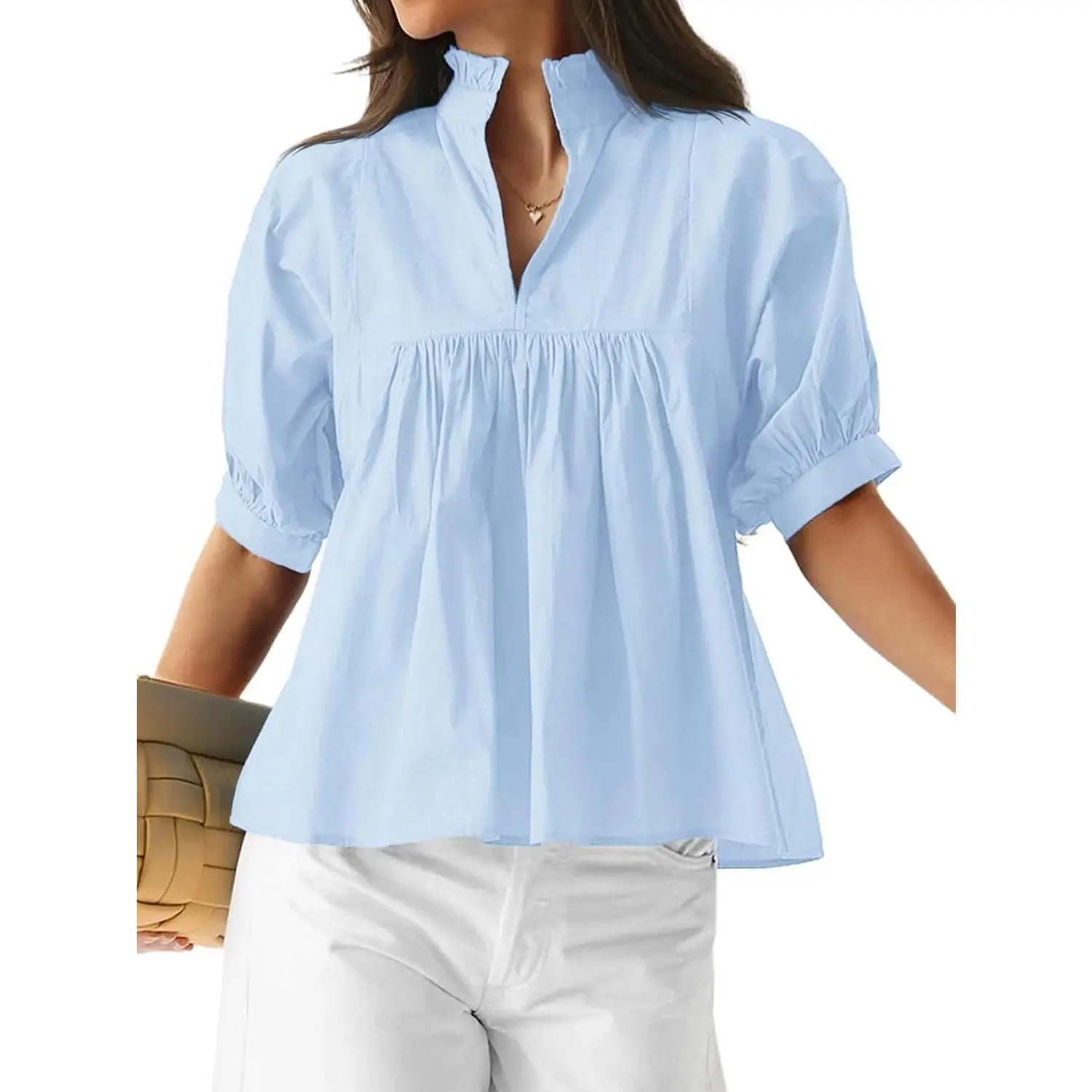 Womens Summer Babydoll Tops Neck Short Puff Sleeve Peplum Shirt Loose Fit Casual Pleated Blouse