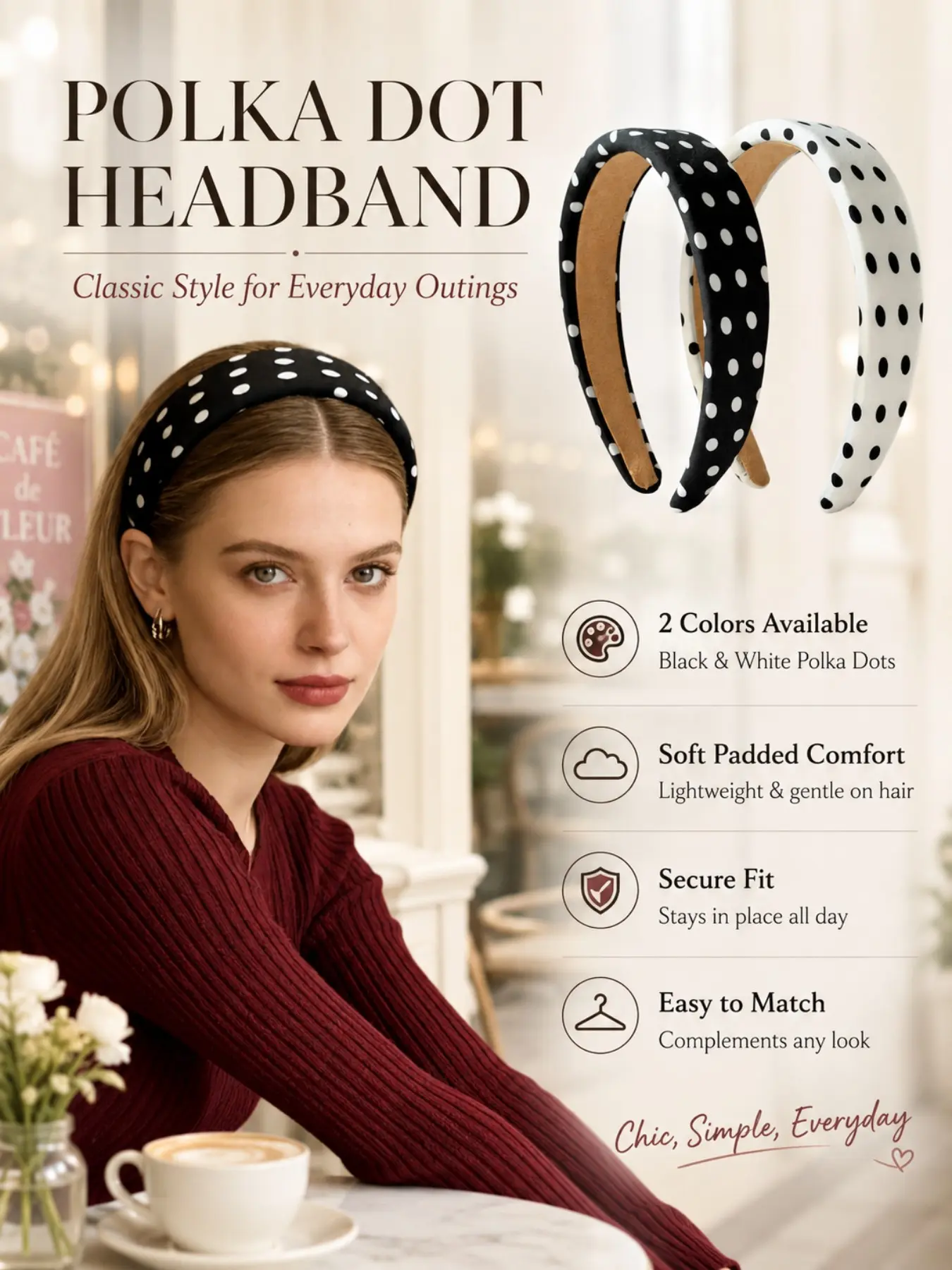 2 Pcs Classic Polka Dot Padded Headbands Set, Soft Satin Wide Head Bands, Black White Dot Vintage Hair Accessories, Comfort Non Slip Headbands Gift for Women Daily Outfit Back to School