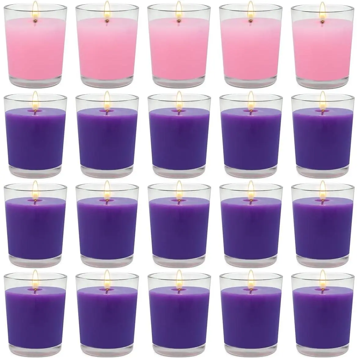 20 Packs Advent Candles with Clear Glass Holder, 15 Purple and 5 Pink Votive Candles, Unscented Seasonal Celebration Candles for Christmas Table Decoration