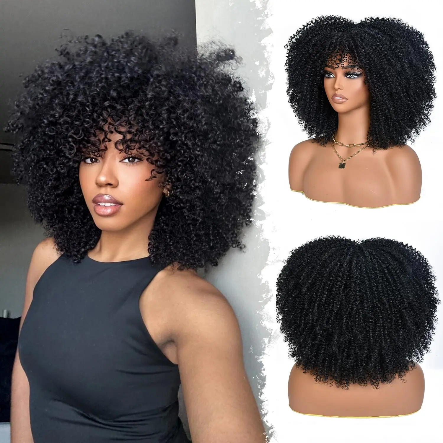 Afro Kinky Curly Wig With Bangs Full Machine Made Wig for Black Women 180 Density Virgin Brazilian Short Curly 100% Human Hair Wigs Glueless Muaby Hair