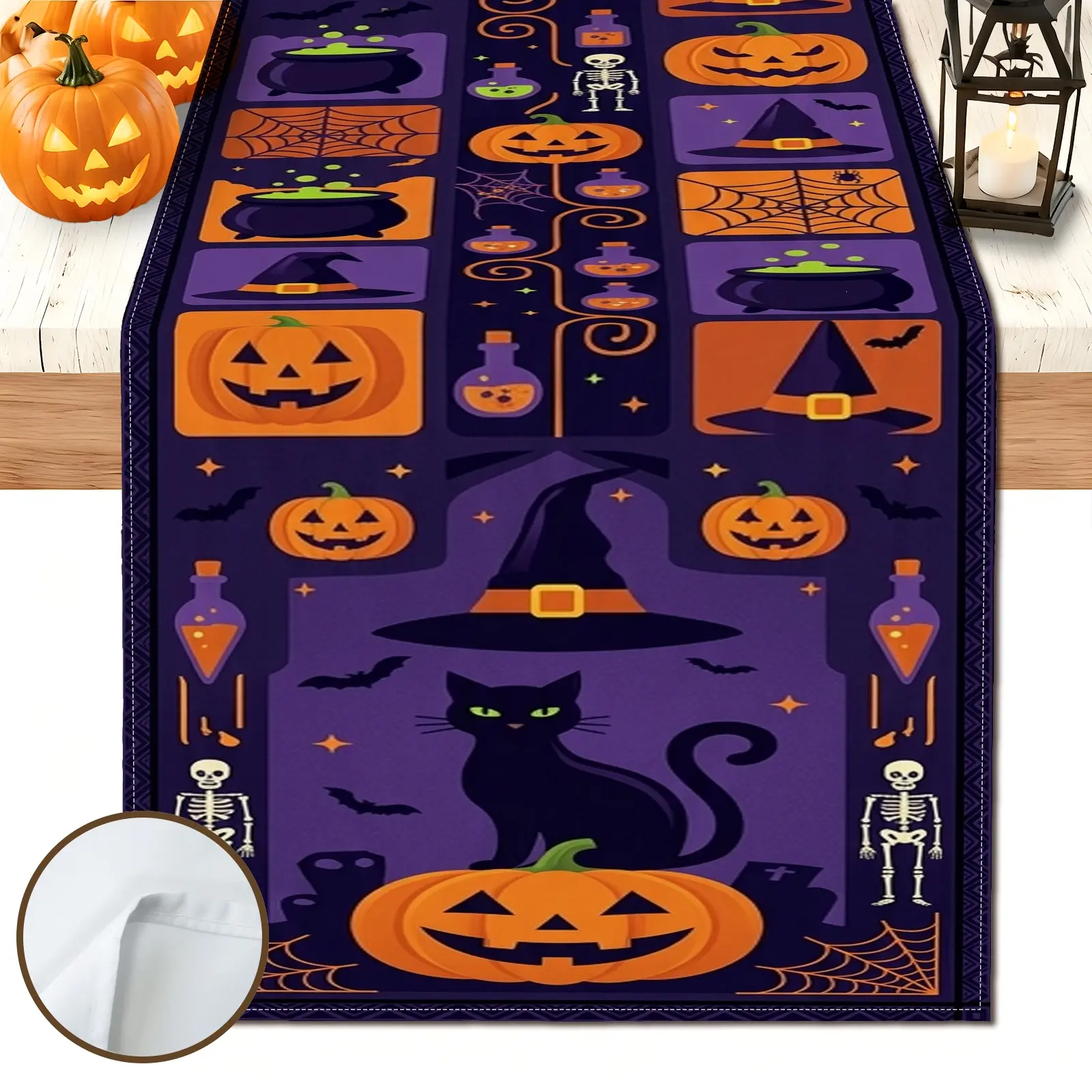 1pc Pumpkin Cat Skeleton Halloween Table Runner, Cute Halloween Style, Seasonal Graphic Print, for Dining Table Halloween Party Home Decor Fall Decor