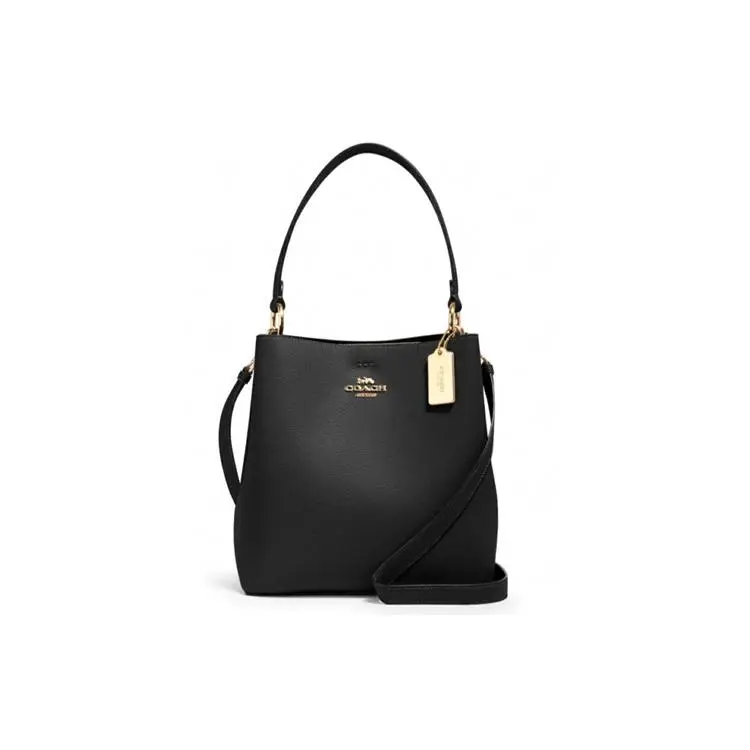 COACH Town 26 Pebbled Leather Bucket Bag for Women – Detachable Strap, Gold Coach Logo, Black