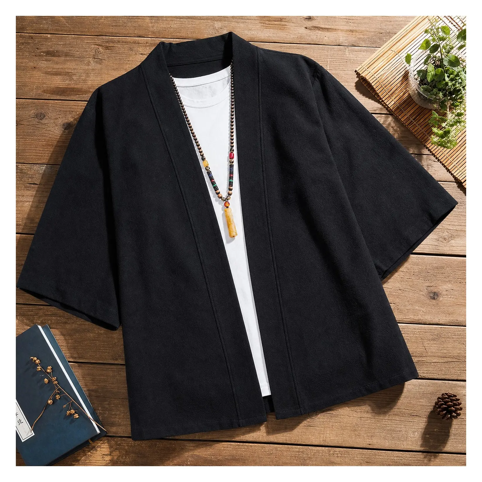 Men's Cotton Linen Japanese Kimono Cardigan Jacket, 3/4 Sleeve Haori with Skin-Friendly Patchwork Embroidery, Shawl Collar, Open Front, Pocketless Lightweight Yukata Happi Coat Beach Summer Casual WearGift