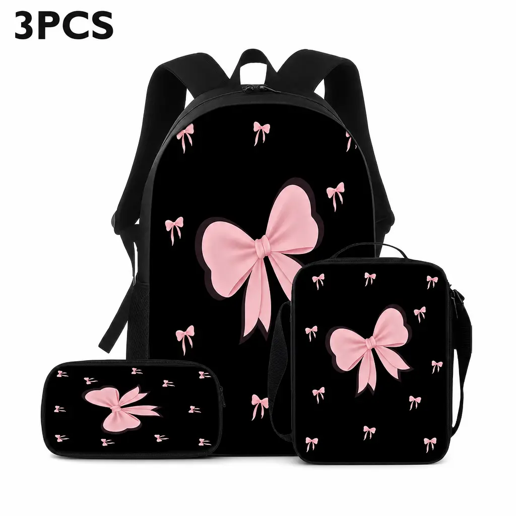 3-Piece Coquette Backpack Set with Pink Bow Motif for Girls Teens, Polyester School Daypack with Matching Lunch Bag & Pencil Case, Backpacks For School, School Backpacks,bookbag,school backpack,multiple style,casual daypack backpack, anime backpack