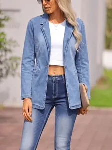 Women's Casual Elegant Single Button Denim Blazer Jacket, with Pockets, Suit Style Drape, Daily Commute Outerwear