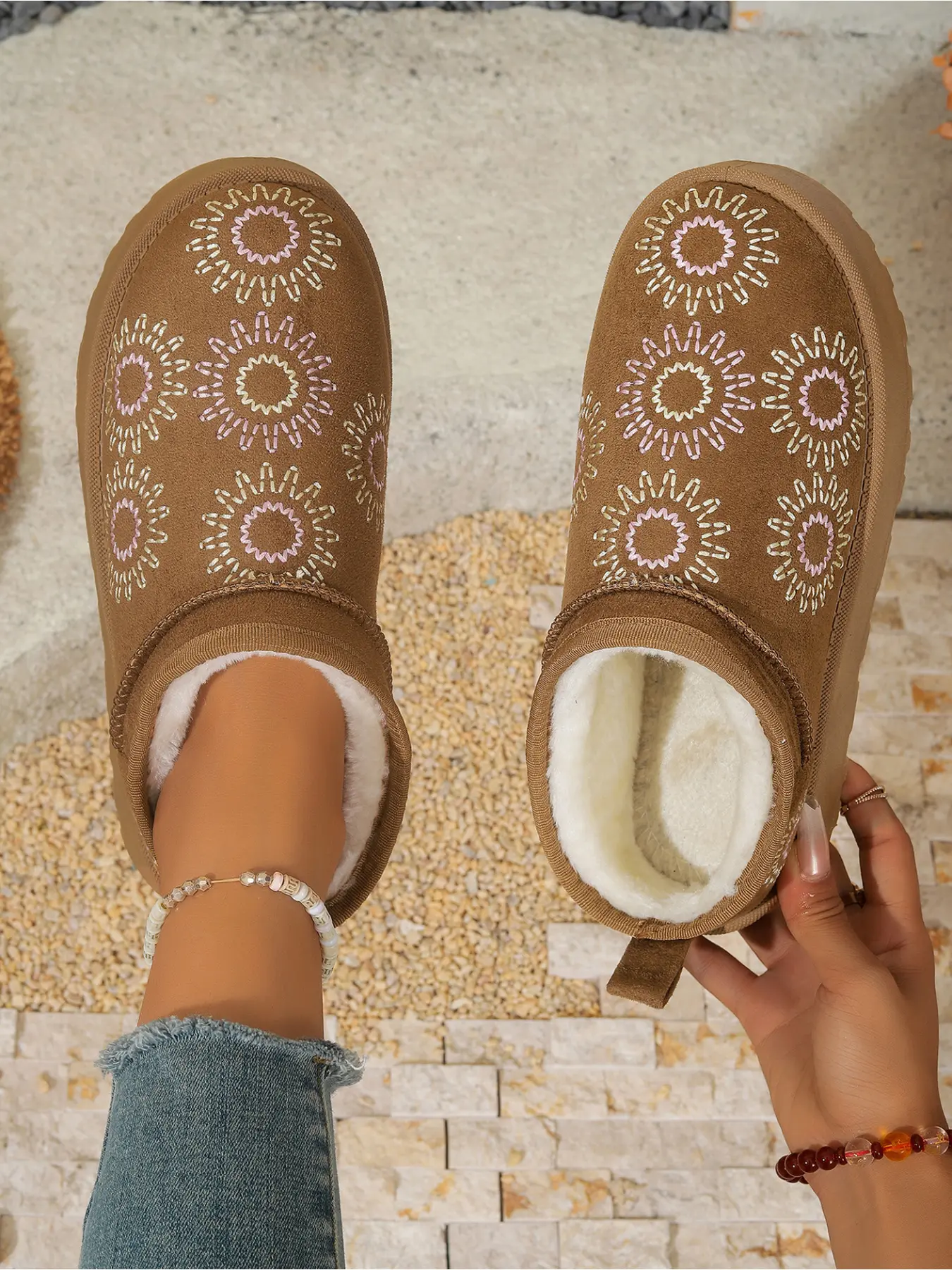 Ladies Sun Flower Embroidery Closed Toe Winter Mules, Plush Lined Chunky Platform Slip On Casual Snow Slippers