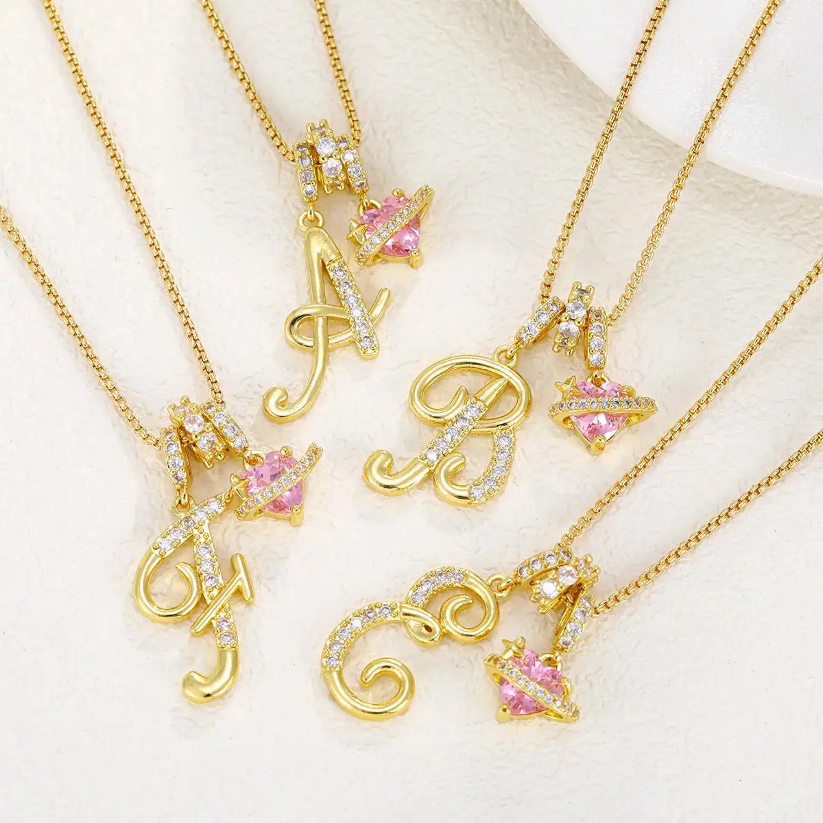 Aesir 18K Gold Plated 3-Layering Initial A-Z Letter Pendant Necklaces for Women Snake Chain Choker Pink Heart Zircon Adjustable Length Necklace Jewelry For Valentine's Day gifts