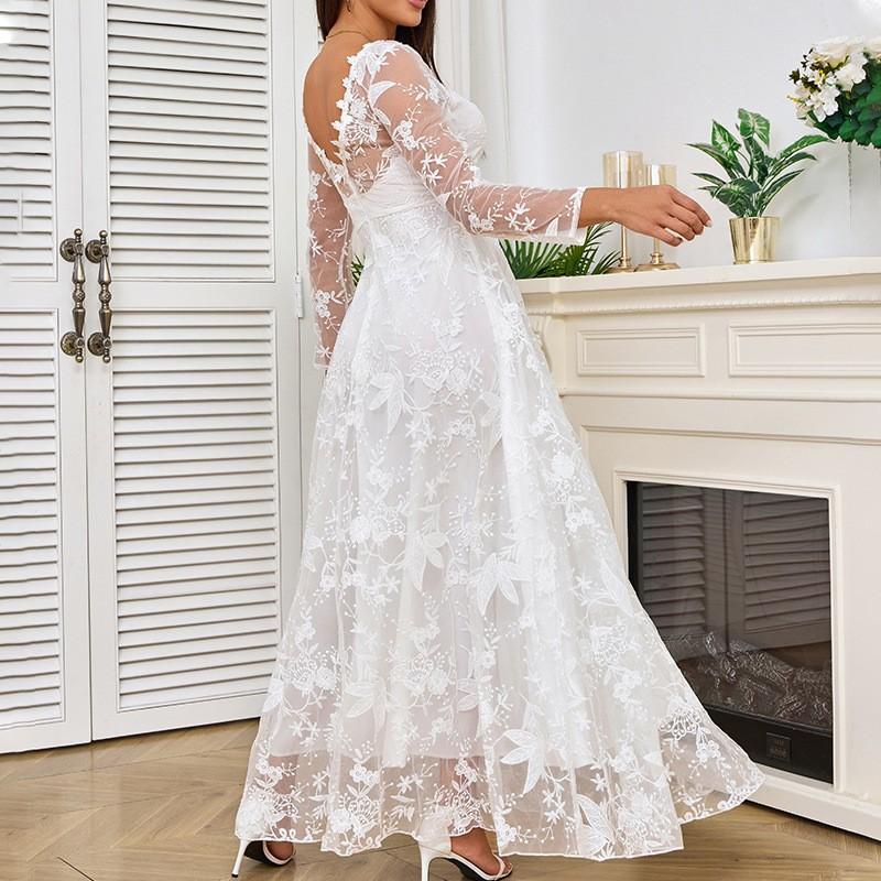 2026 New Style Women's Long-Sleeve Solid Color Sheer Lace Wedding Dress Bridal Gown