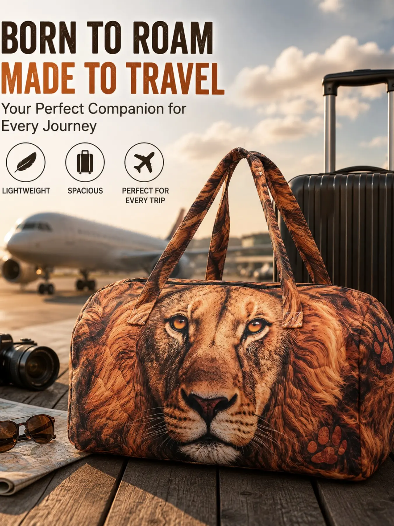 3D Lion Print Travel Duffel Bag, Large Capacity Lightweight Weekender, Boho Style Plants Design, All Seasons Use, Ideal for Camping & Fitness, Travel Bags