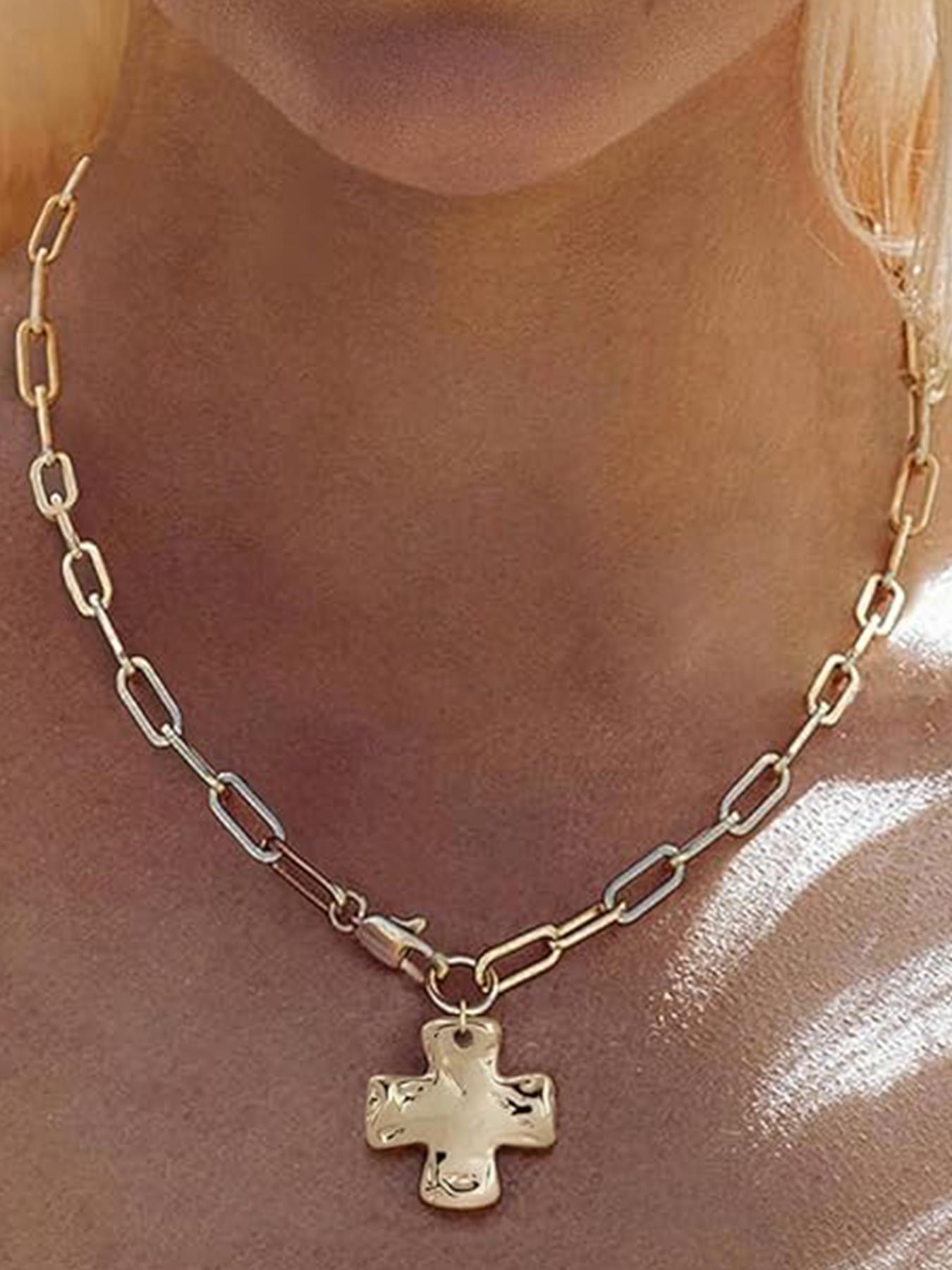 Chunky Cross Necklace for Women Trendy Gold Silver Layered Statement Cross Chain Design Pendant Charm Necklace Vintage Paperclip Herringbone Snake Choker Chain Costume Jewelry Set Gift Non Tarnish