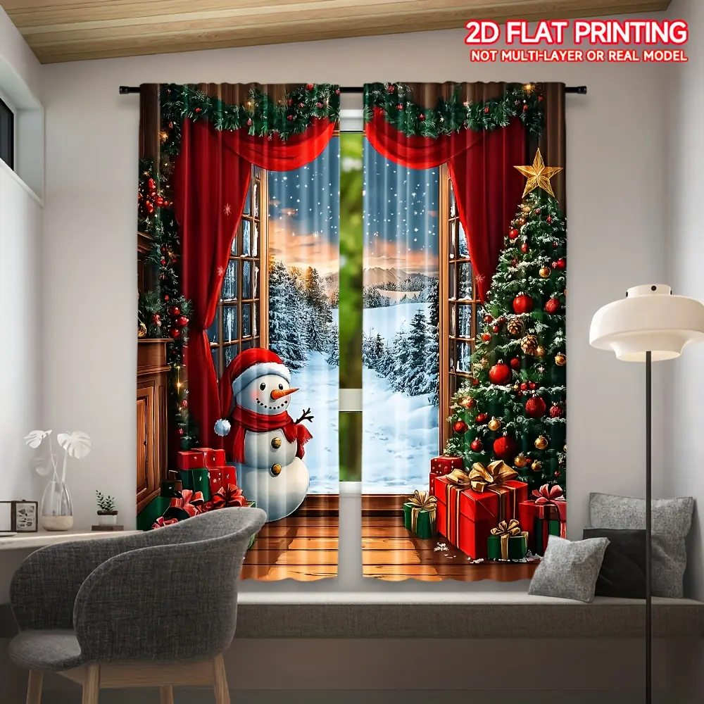 Cordless Fabric Roman Shade 2-Piece Set - Rustic Wooden Curtains with Christmas Tree, Santa Claus, Moonlit Patterns, Fir Branch Drapery, Honeycomb Hanger Rod Bracket Attachment for Winter Parties, Holiday Decor, Two Piece Set