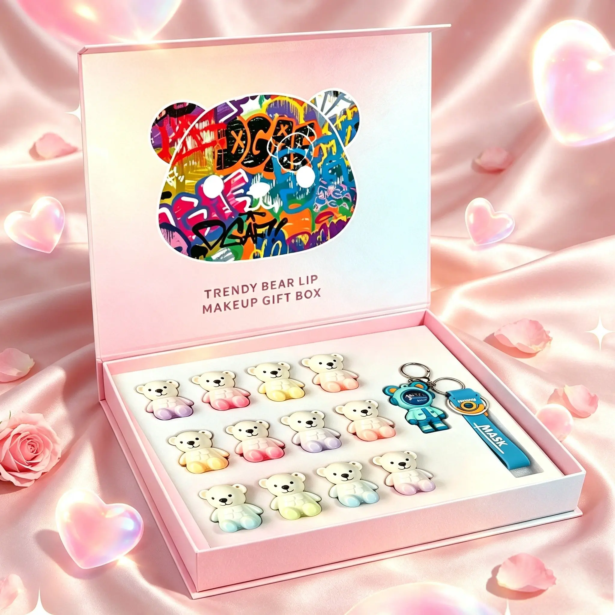 Soft Milk Tone Bear Beauty Gift Box, 12 Colors Bear-shaped Lip Gloss, Light Non-sticky Texture, Brighten Complexion For No-makeup Look Portable Lip Makeup Combo Lightweight Glossy Lip