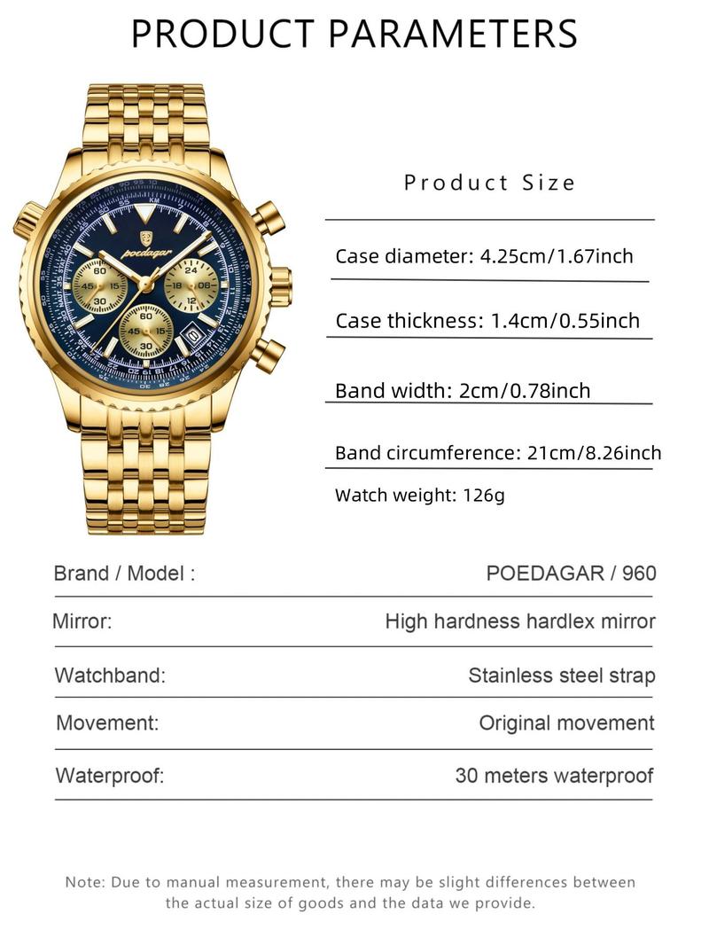 Business Fashion Round Dial Analog Quartz Watches for Men, Trendy Multifunctional Watch, Waterproof Luminous Date Chronograph Watch, Stainless Steel Watch for Men Gifts, with Box