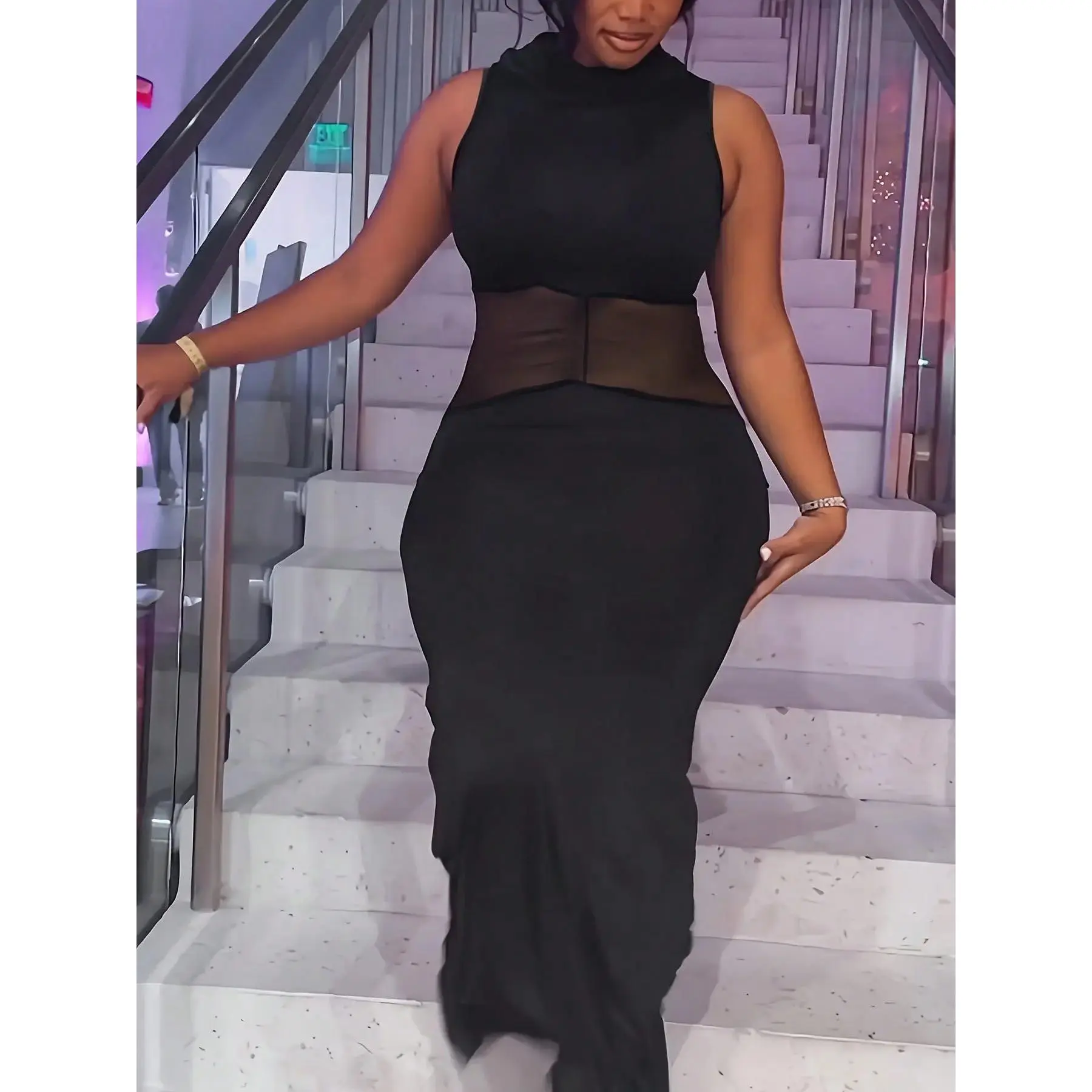 Sexy See-Through Black Mesh Stitching Turtleneck Sleeveless Dress