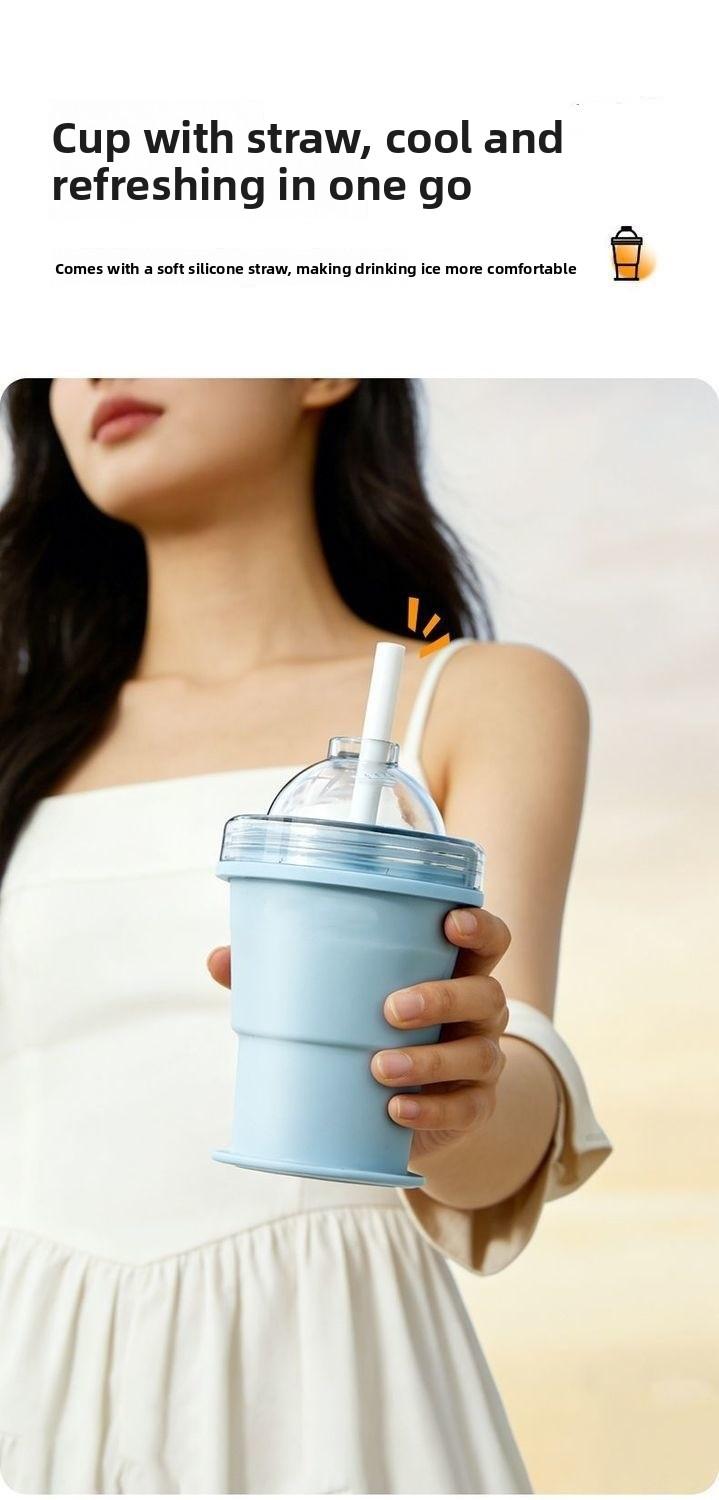 Portable Foldable Ice Ball Cup Silicone Food Grade Ice Maker With Straw Summer Outdoor Travel Mug