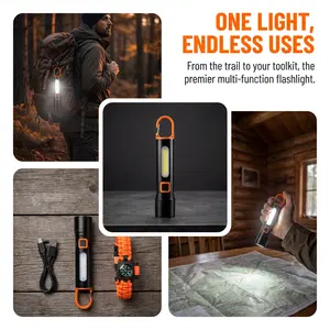 USB Rechargeable Zoomable LED Flashlight with COB Side Work Light  Adjustable Zoom Main Light, COB Large Area Side Work Light, Carabiner Hook Ring, USB Rechargeable, Aluminum Waterproof, Multiple Light Modes, Portable, Outdoor/car/emergency Use