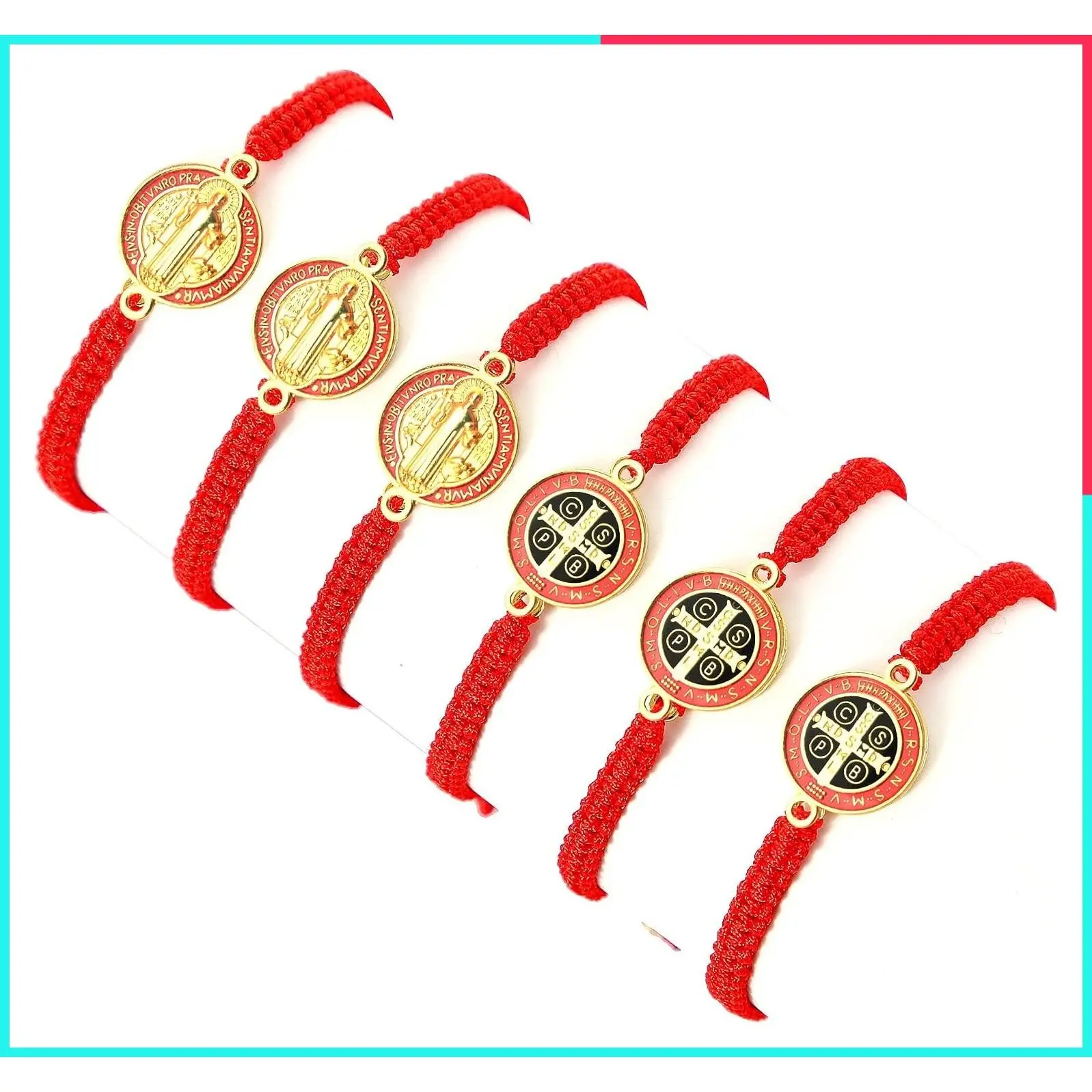 6/12 Pack San Benito Bracelets - Protective Red Black Cord Rosary Bracelet with Medal, Adjustable Luck Serenity Blessing Friendship Jewelry for Men Women