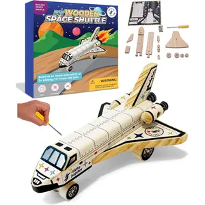 DIY Build Your Own Space Shuttle Toy Model - Wooden Kit w/Stickers - Kids Wood Building Kit for Boys & Girls - Toy Spaceship Stem Toys for Ages 4-10 - Wood Crafts for Kids - STEM Woodworking Kits