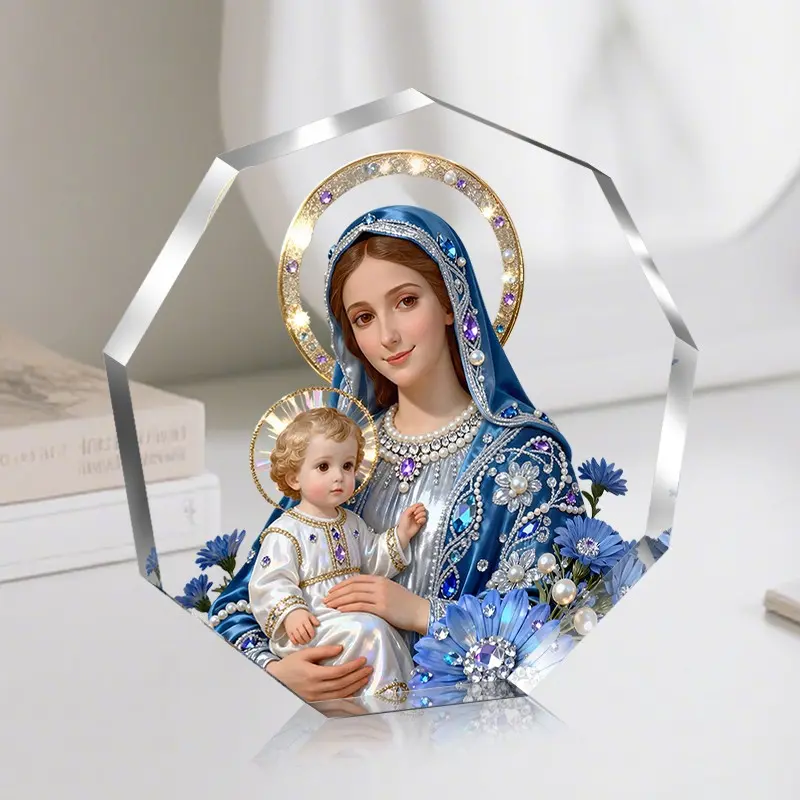 Virgin Mary & Baby Jesus Acrylic Stand, Sparkly Blue Floral Design, Elegant Religious Home Decor, Stylish Religious Decor, Ornate Religious Decor, Perfect Catholic Gift, Desk Ornament, Nativity Ornament, Religious Decoration, Religious Ornaments