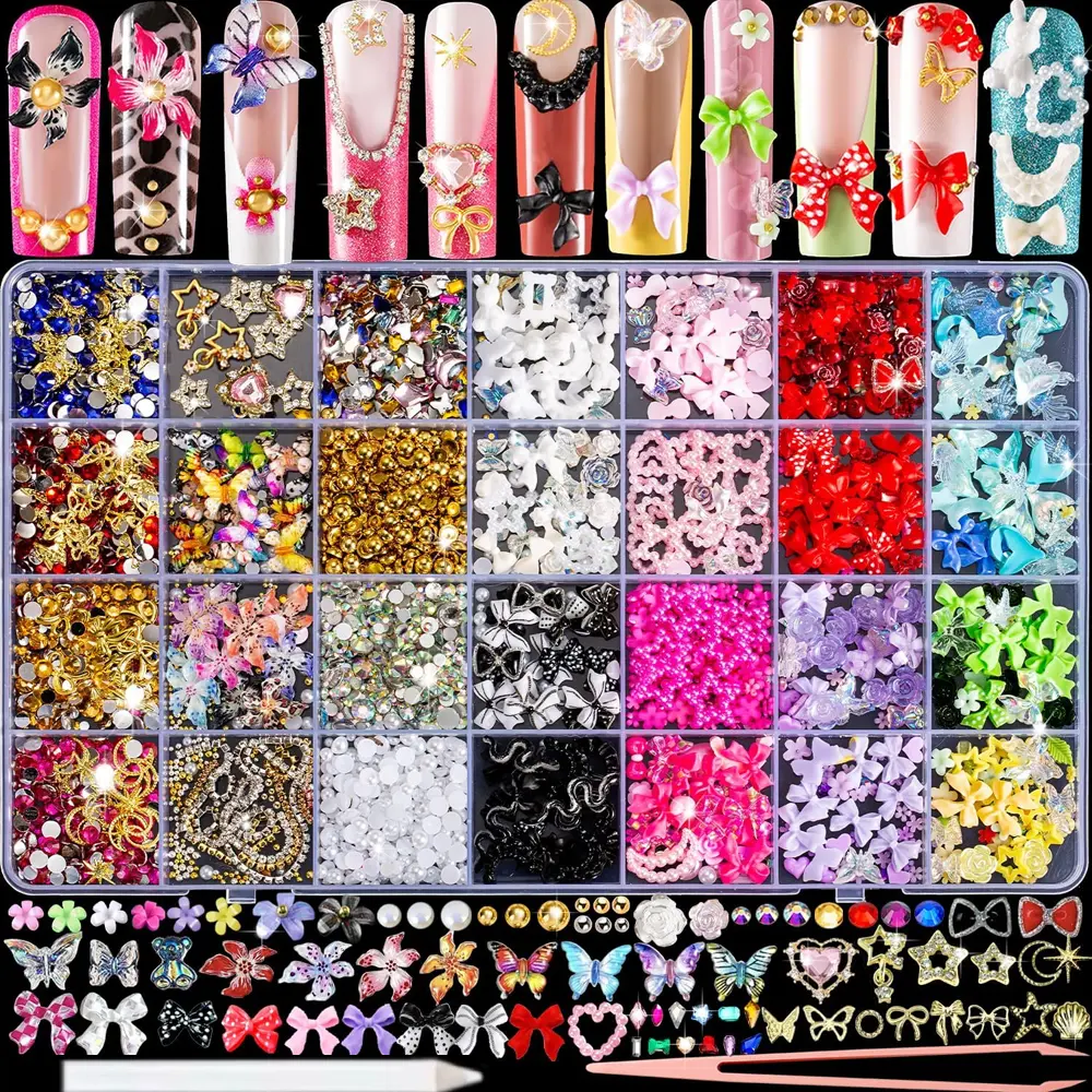 8000pcs 3D Nail Charms and Nail Gems, Cute Nail Rhinestones and Charms Y2K for Nails Nesign, Variety Butterfly Bow Moon Star Flower Junk Case Charms Gold Pearls Nail Jewels for Nail Art Decorations