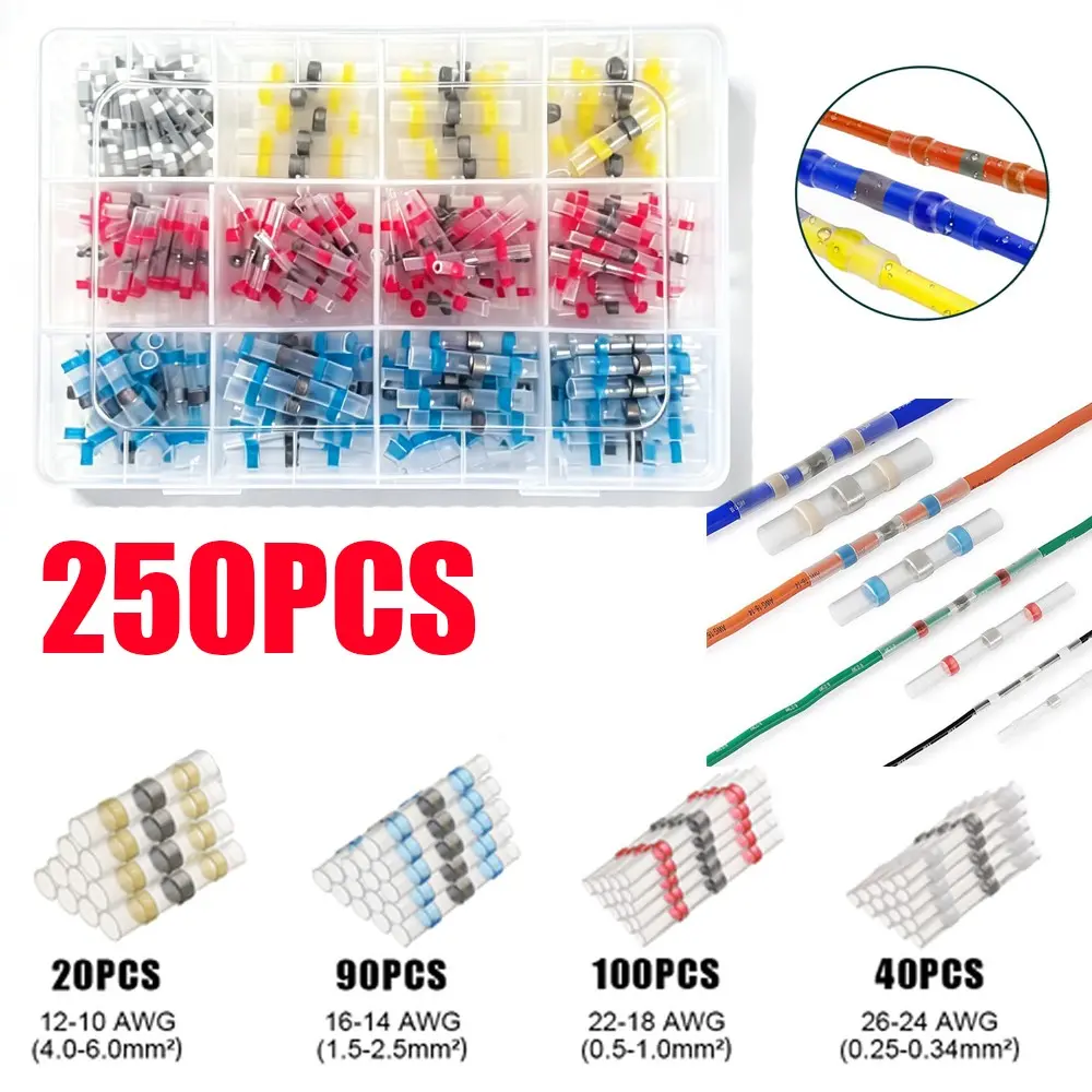250pcs Soldering Ring Kit, Copper Ring Connectors, Heat Shrink Middle Connector Terminals, Waterproof No-Press Wire Connectors, Insulated Sleeves, Hot Melt Shrinking