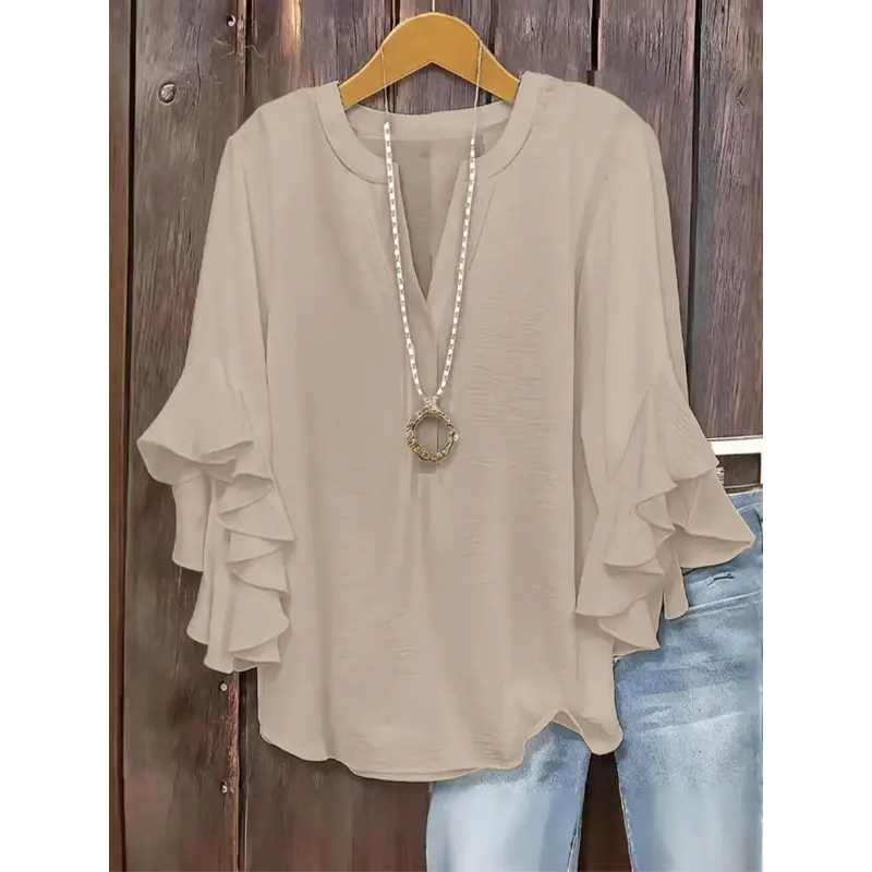 Plus Size Women's Ruffled Sleeve V-Neck Shirt Blouse, Elegant Floral Design, Comfortable and Stylish, Perfect for Casual Wear