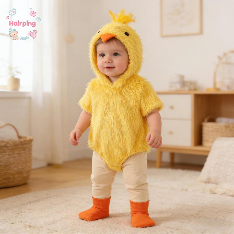 Baby Chick Costume Outfit Set, 3PCS Furry Hooded Romper + Pants + Booties, Cute Easter/Halloween Animal Themed Infant Clothes, Ideal for Photoshoot & Holiday Gift