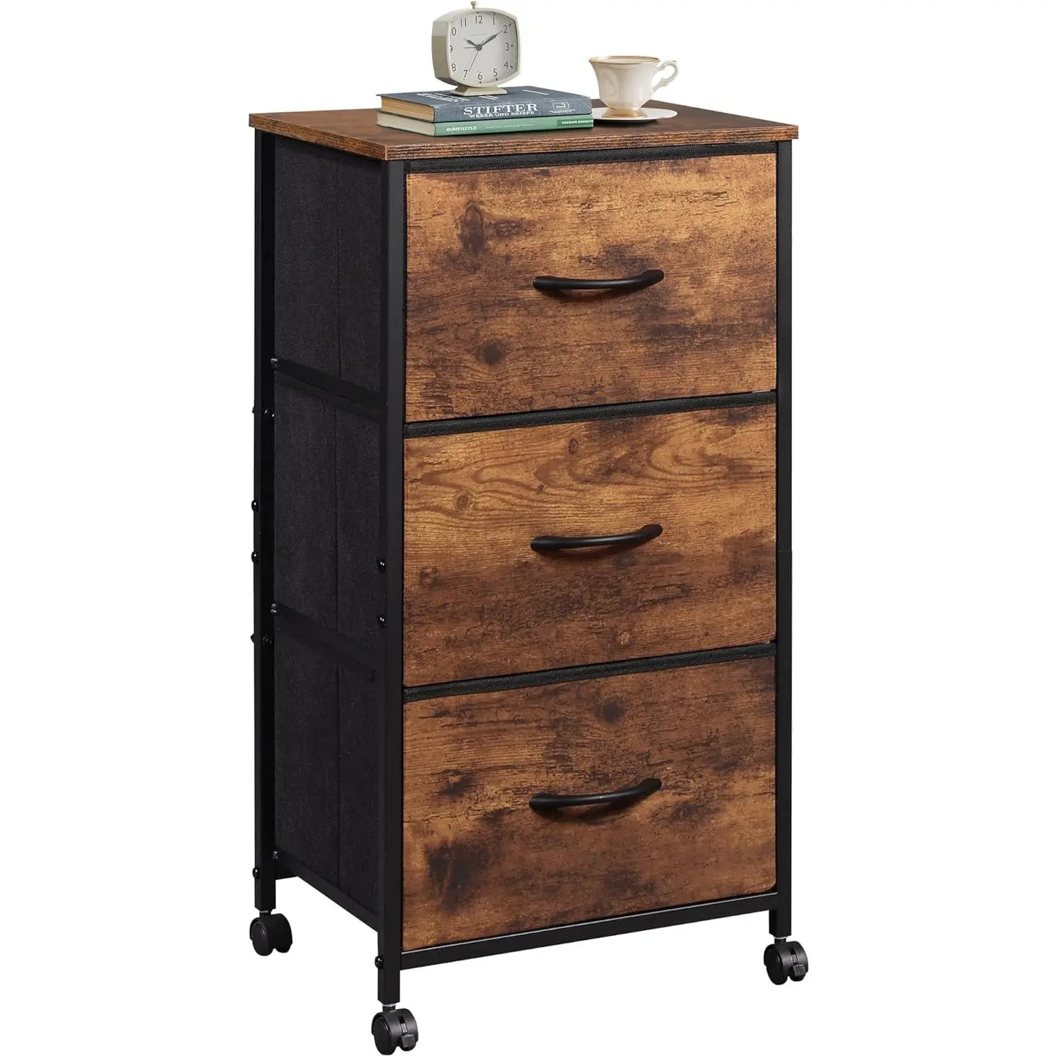 Rustic Brown Wood Grain Print 3-Drawer Fabric Storage Dresser - Rolling Cabinet with Easy-Pull Handles, Sturdy Steel Frame for Bedroom, Camping, Wheels, Three Drawers