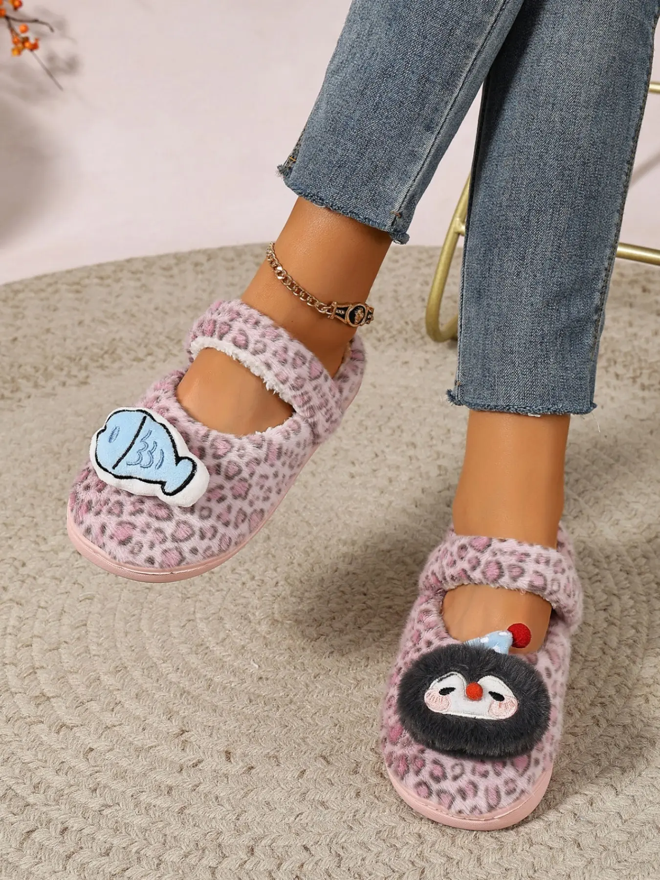 Leopard Print Plush Slippers, Mary Jane Strap Design, Cartoon Penguin/ Fish Decor, Slip-On, Non-Slip Sole, Cute Y2K Style, Fall Winter Home Shoes