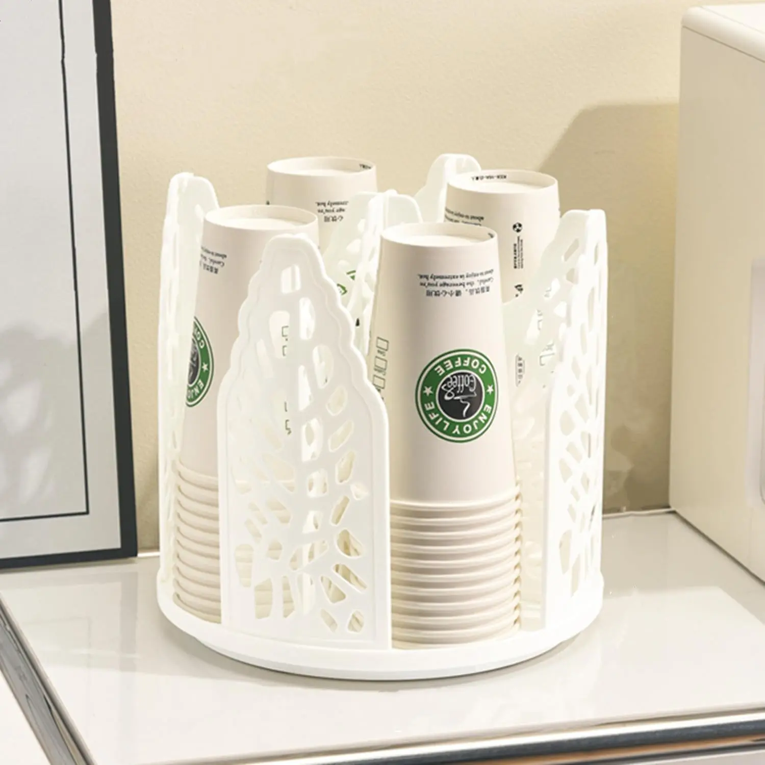 Rotating Paper Cup Dispenser Holder with 4 Compartments, Disposable Coffee Cup Storage & Lid Holder for Countertops, Kitchen, Coffee Stations (White)