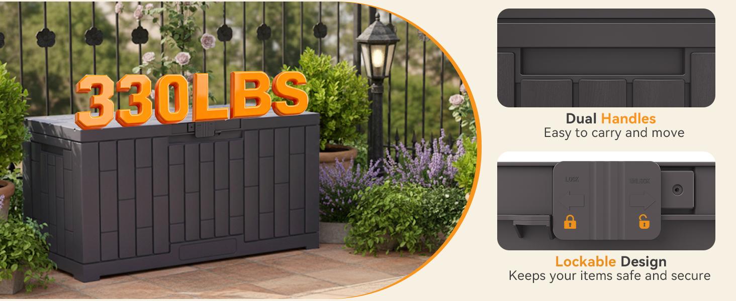 60 Gallon Deck Box, Waterproof Outdoor Storage Box with Lockable Lid, Patio Furniture Bench & Side Table, Outside Storage Container, Tool-Free Assembly, for Garden, Pool, Brown
