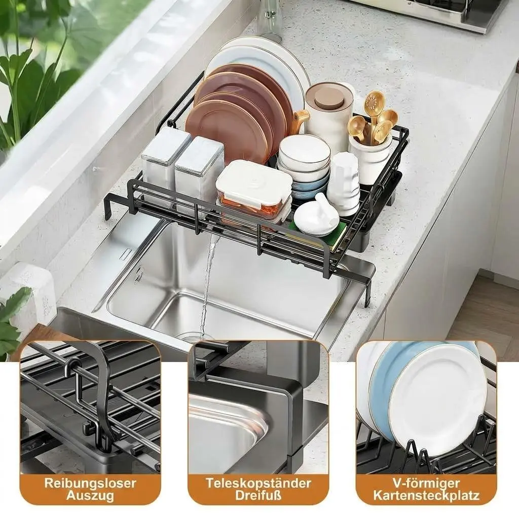 GARVEE Expandable 2-Tier Dish Drying Rack | Space-Saving Kitchen Organizer with Auto-Drainboard