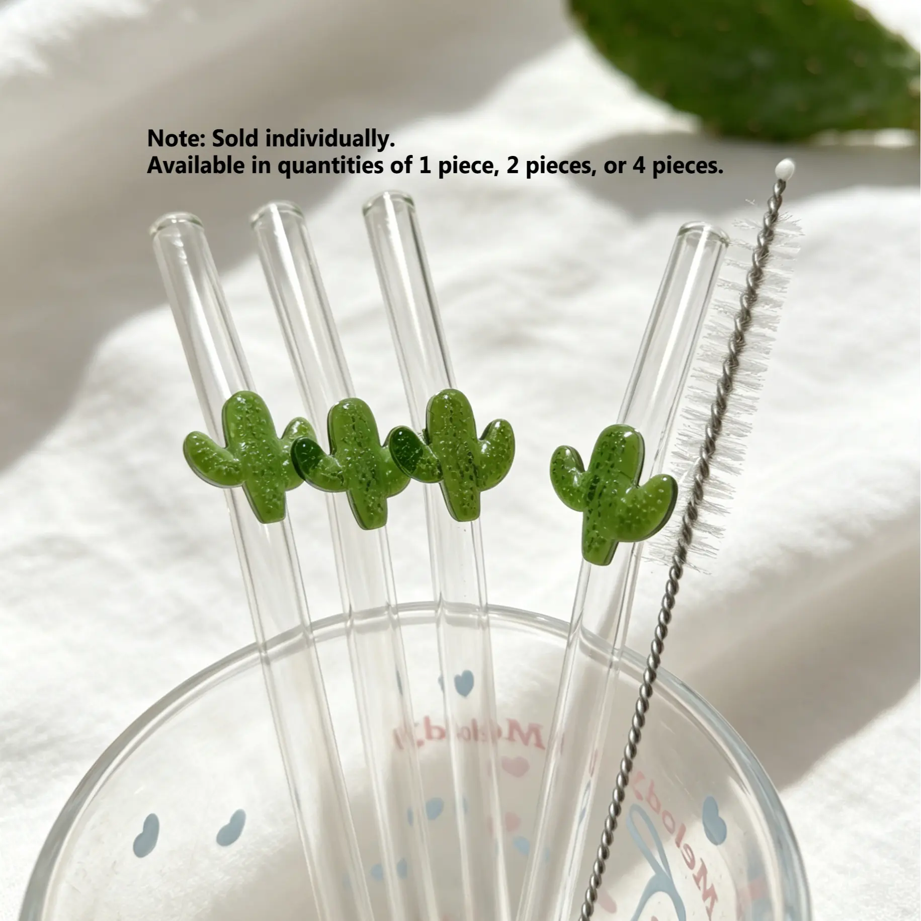 Cactus Glass Straw Set, Reusable Thick Borosilicate Glass Straws, Heat Resistant, for Cold Drinks, Coffee, Juice, Bar, Home, Restaurant, Festival