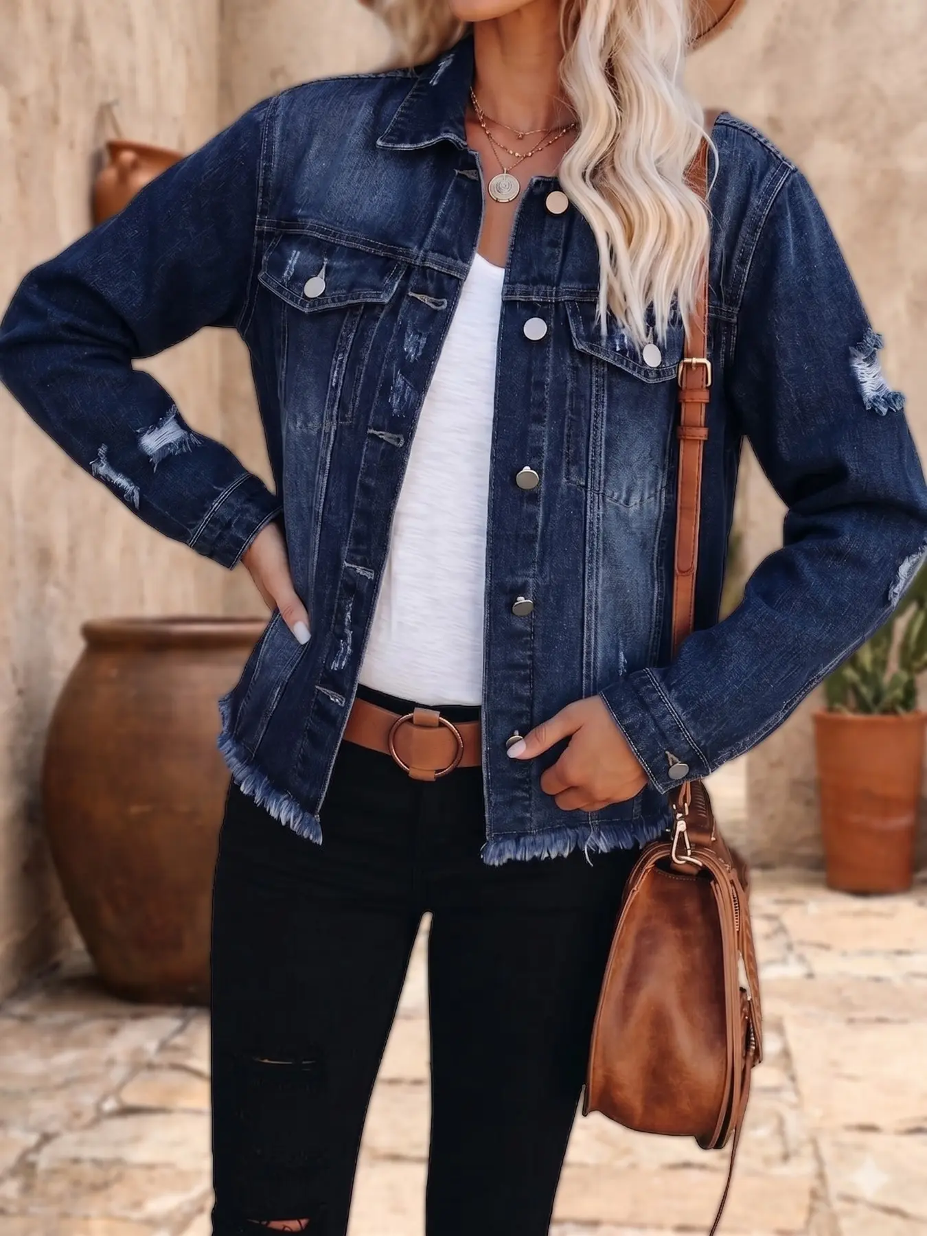 Women's Long Sleeve Dark Wash Denim Jacket Coats, Distressed Ripped Frayed Hem, Oversized Casual Vintage Streetwear, Daily Wear, Spring Fall