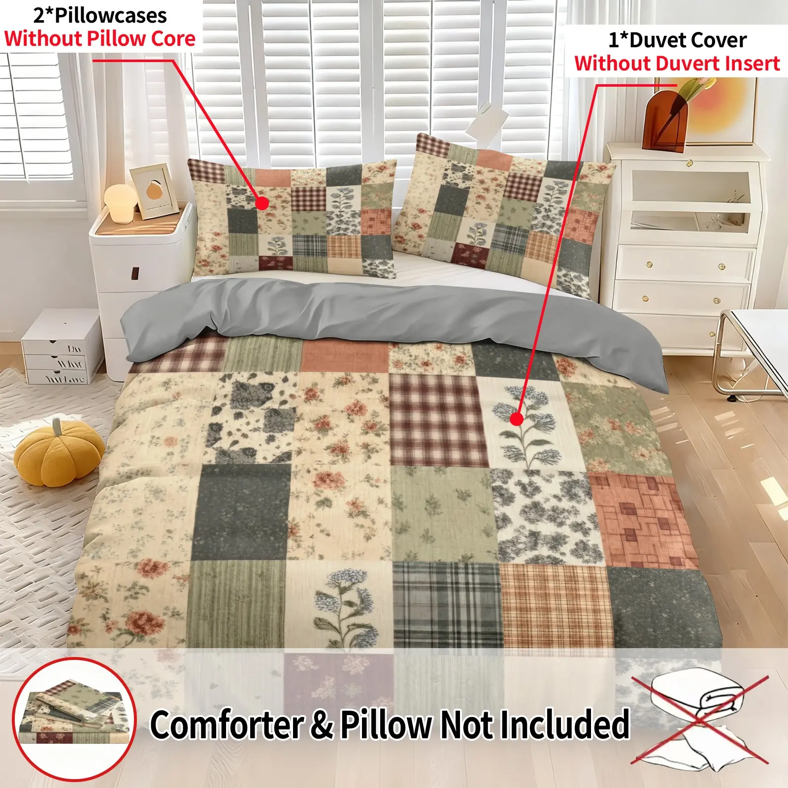 3Pcs Vintage Patchwork Mixed Print Bedding Set, Retro Floral Plaid Spliced Digital Print Duvet Cover Set, Aesthetic Room Decor for Women Girls Bedroom Dorm, 1 Duvet Cover & 2 Pillowcase, No Filling