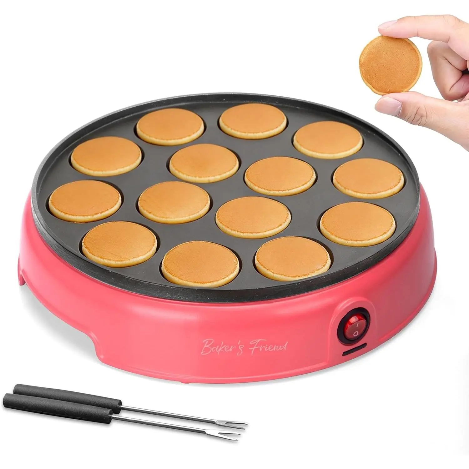 Baker's Friend Mini Pancakes Maker Machine, Dutch Mini Pancake Griddle, 14 Holes Electric Poffertjes Pan, Ideal for Breakfast, Snacks, Desserts & More, Red