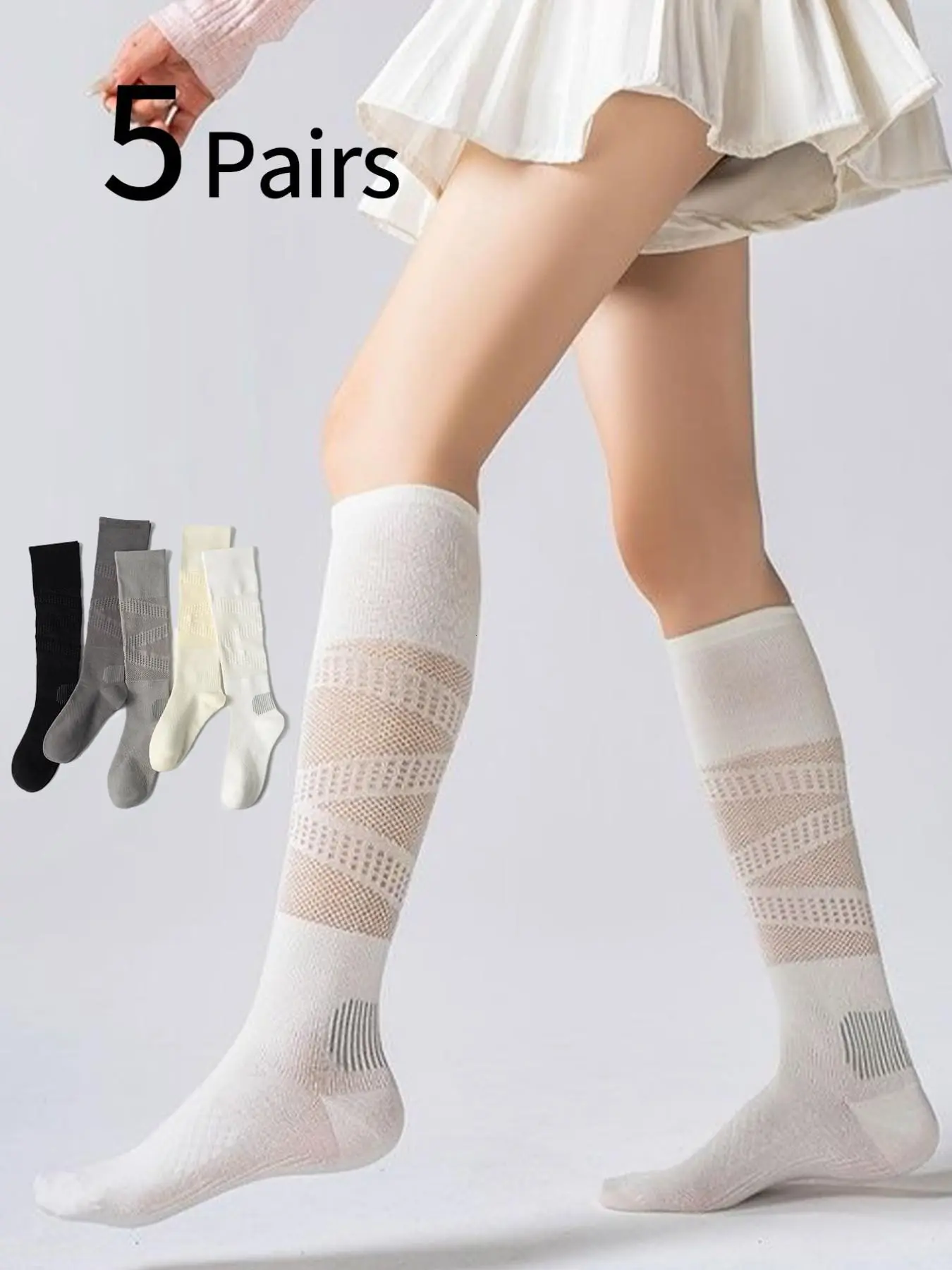 5 Pairs Women's Sport Compression Socks, Breathable Mesh Summer Socks, Cycling Running Badminton Tennis Socks, Long Tube Elastic Socks