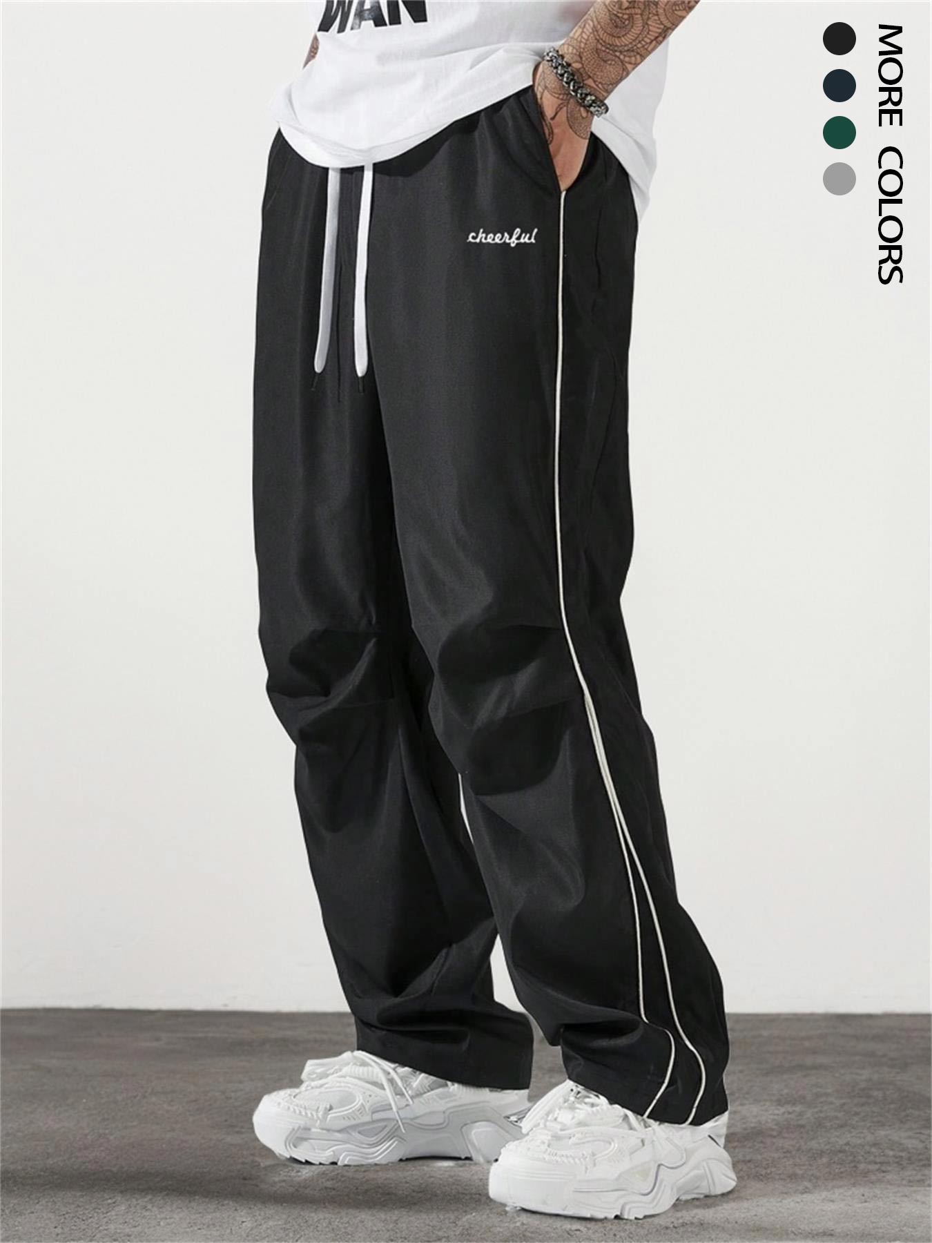 Men's Letter Embroidery Drawstring Waist Wide Leg Cargo Pants, Casual Comfy Pocket Trousers for Daily Wear, Woven Bottoms for All Seasons, Casual Streetwear Trousers