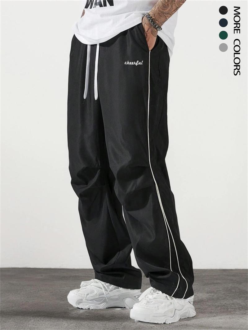 Men's Letter Embroidery Drawstring Waist Wide Leg Cargo Pants, Casual Comfy Pocket Trousers for Daily Wear, Woven Bottoms for All Seasons