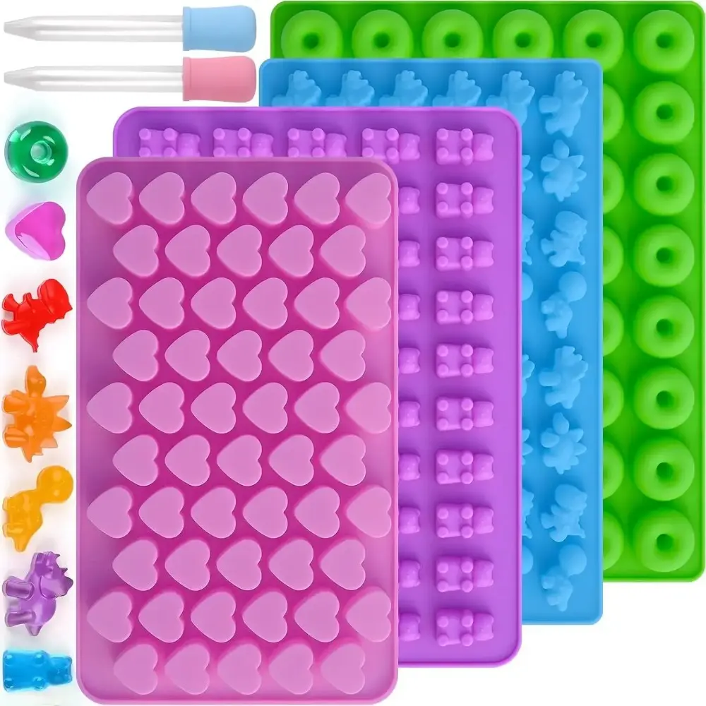 2026 New Non-Stick Silicone Gummy Candy Molds Kit - 4-Pack with 2 Liquid Droppers, Easy Release Versatile Shapes (Dinosaur, Bear, Heart, Donut) for Chocolate, Jelly, Homemade Sweets Reusable DIY Baking Tools