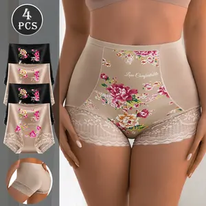 QUASTI 4 Pack High Waist Lace Print Boxer Briefs, Smooth Soft Solid Color Stretchy Hip Lifting Full Coverage Casual  Minimalist Breathable Daily Underwear, S-XXL Fit Elegant
