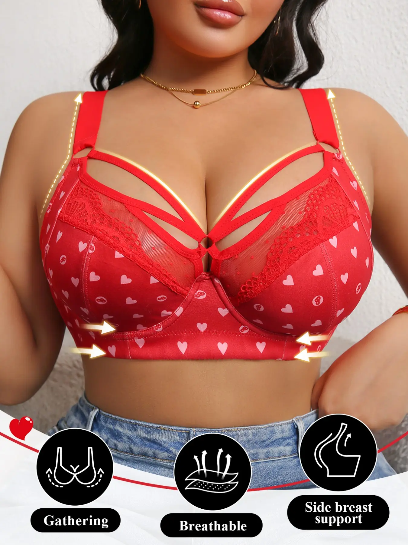 Women Plus Size Sexy Cutout Heart Print Underwire Bra, Wide Shoulder Straps Breathable Lace Minimizer Bra with Side Breast Support, Suitable for Daily Wear & Full Figure