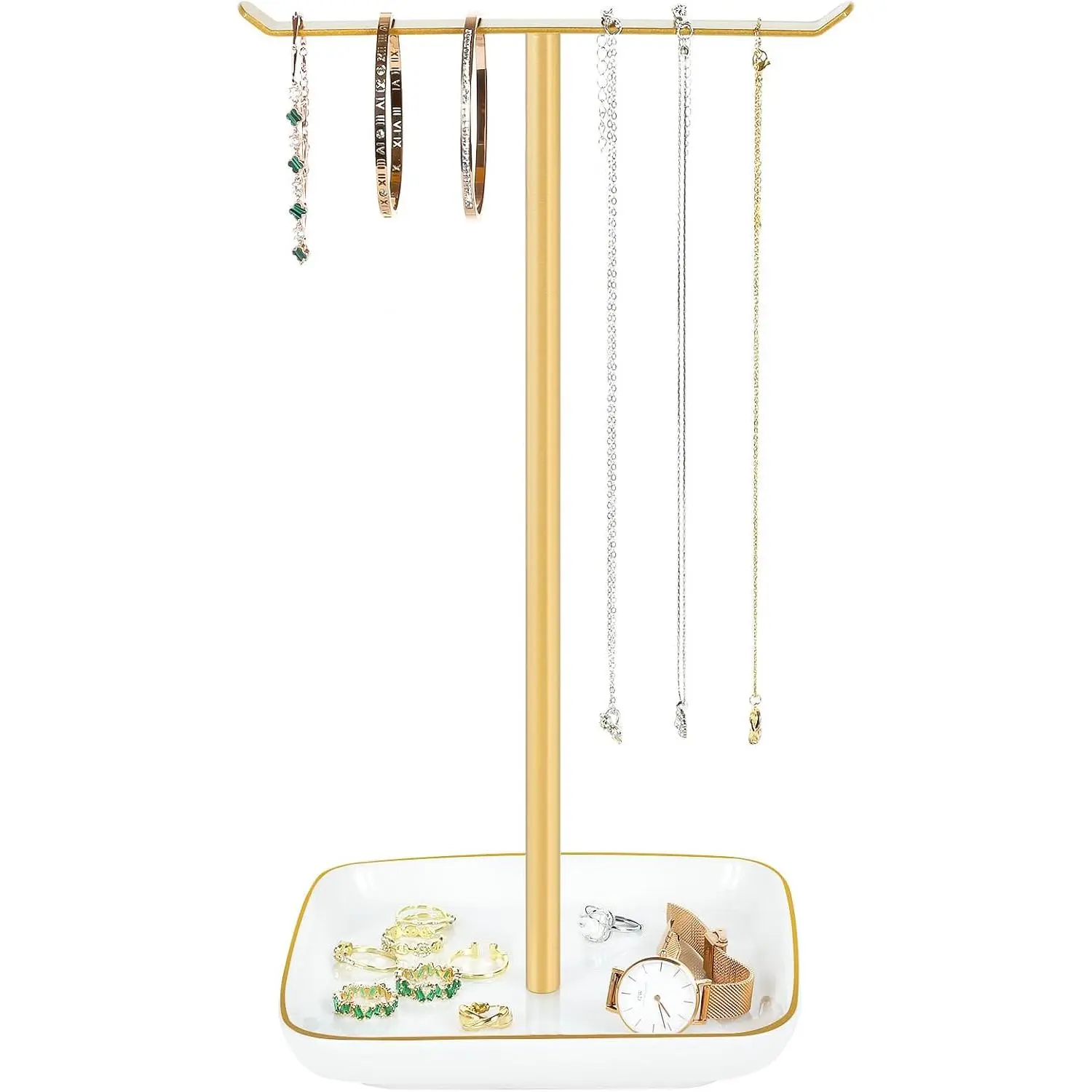 Necklace Holder Stand,  T-Bar  Organizer with Ceramic Tray |   Organizer With T-bar Display And Ceramic Tray for Necklaces, Bracelets, Earrings, Rings And Watches