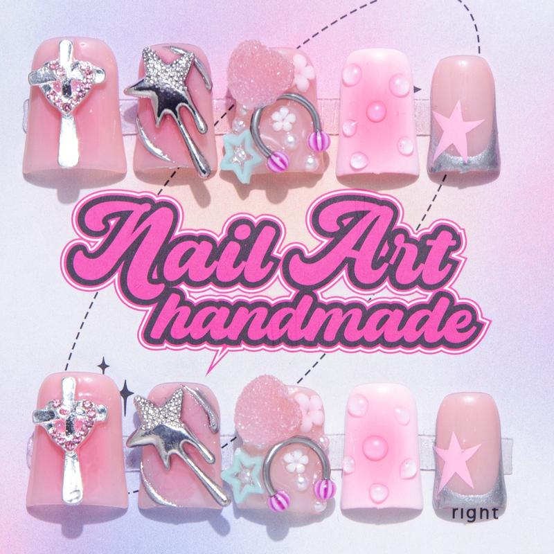 Y2K Style Duckbill Shaped Fake Nails, 10pcs/set Rhinestone Decor Fashion Press on Nails for Women & Girls, DIY Nail Art Supplies