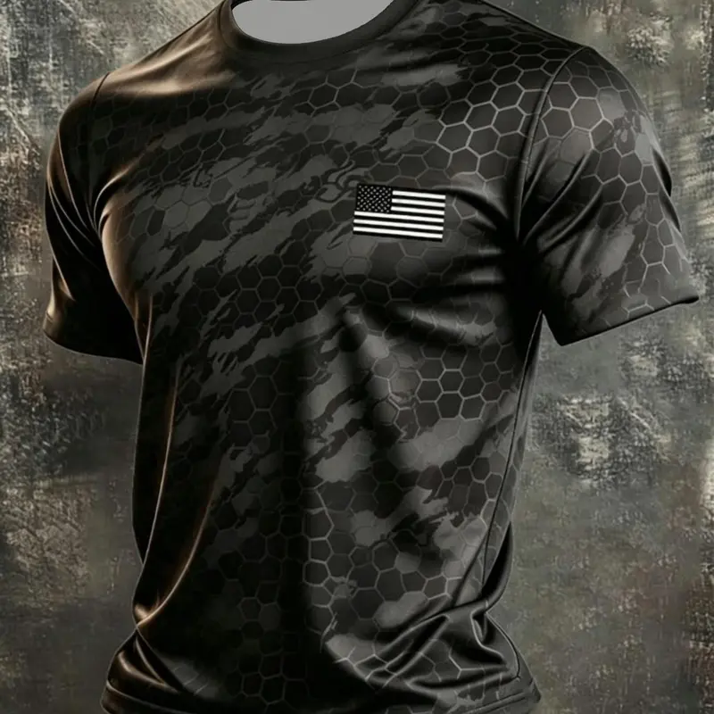 Men's Camouflage and Flag Pattern Round Neck Short Sleeve T-Shirt, Camo Print Tee, Honeycomb Print, American Vintage Style, Breathable Quick-Dry Polyester