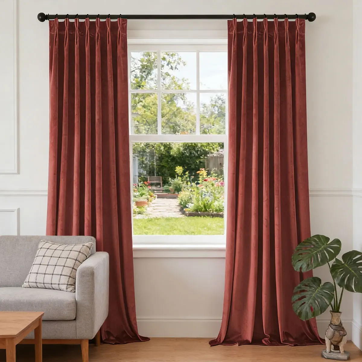 2 Piece Warm Terracotta Velvet Pleated Curtains, Modern Rustic Style, Semi-Sheer Privacy Curtains, Ideal for Guest Room and Home