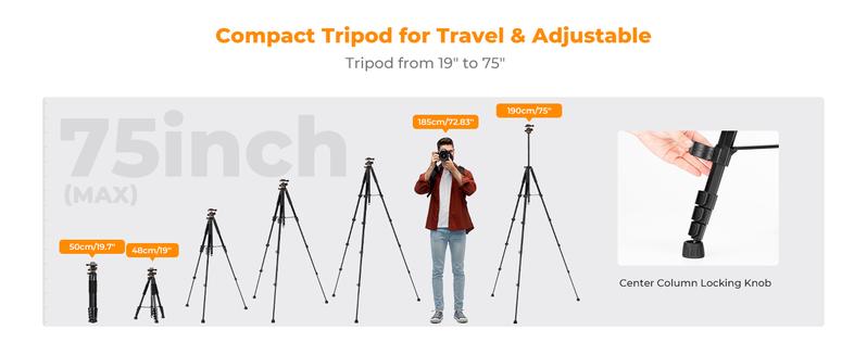 K&F CONCEPT 75 inch/190cm Camera Tripod,Lightweight Travel Outdoor DSLR Tripods with 360 Degree Ball Head Load Capacity 8kg/17.6lbs,Cellphone Clip and Remote Control for Smartphone S255A3+BH-36